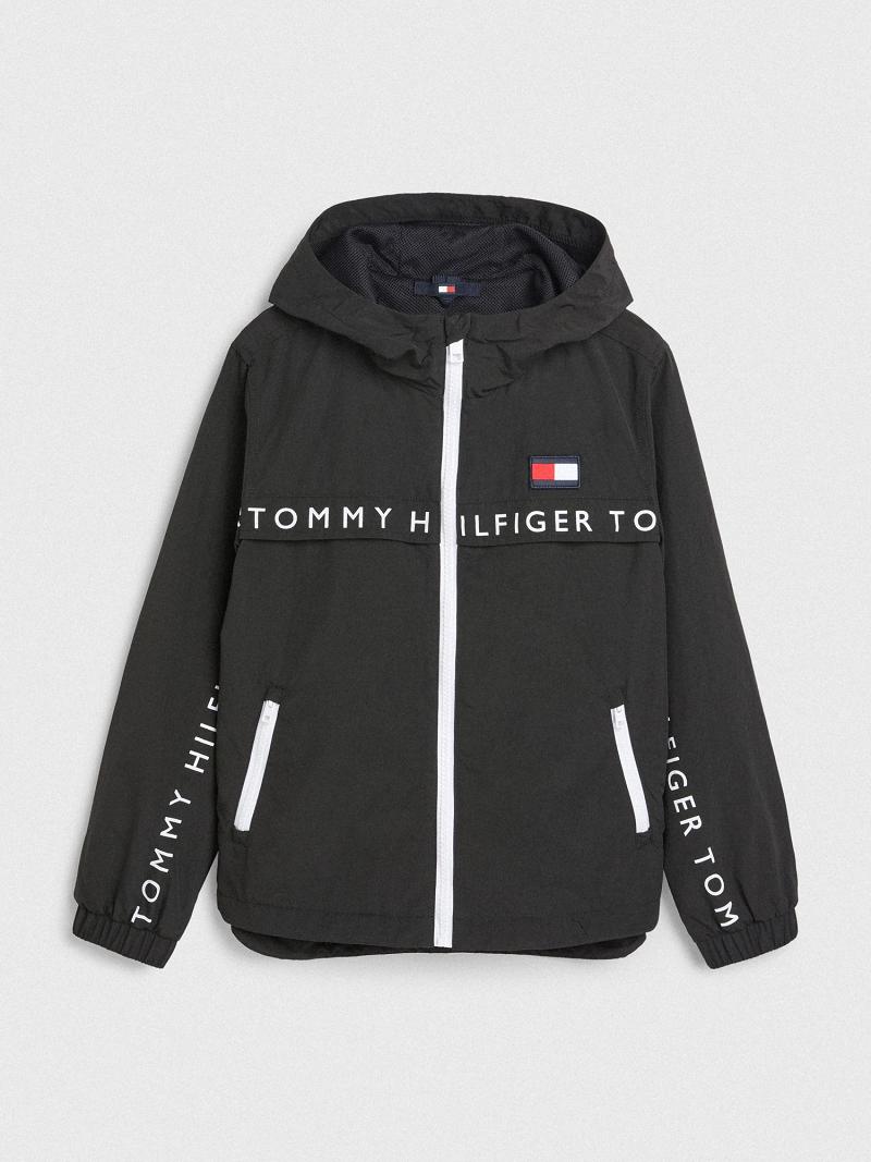 Fiú Tommy Hilfiger Logo Windbreaker Kabát Fekete | HU 2125GSO